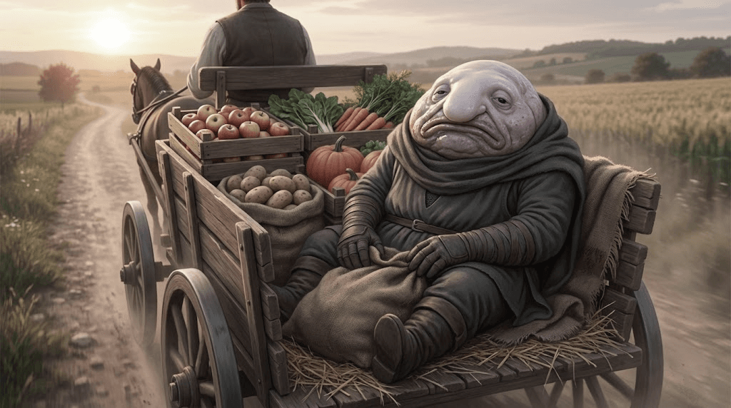 The White Blob being transported in a humble cart - representing the grind