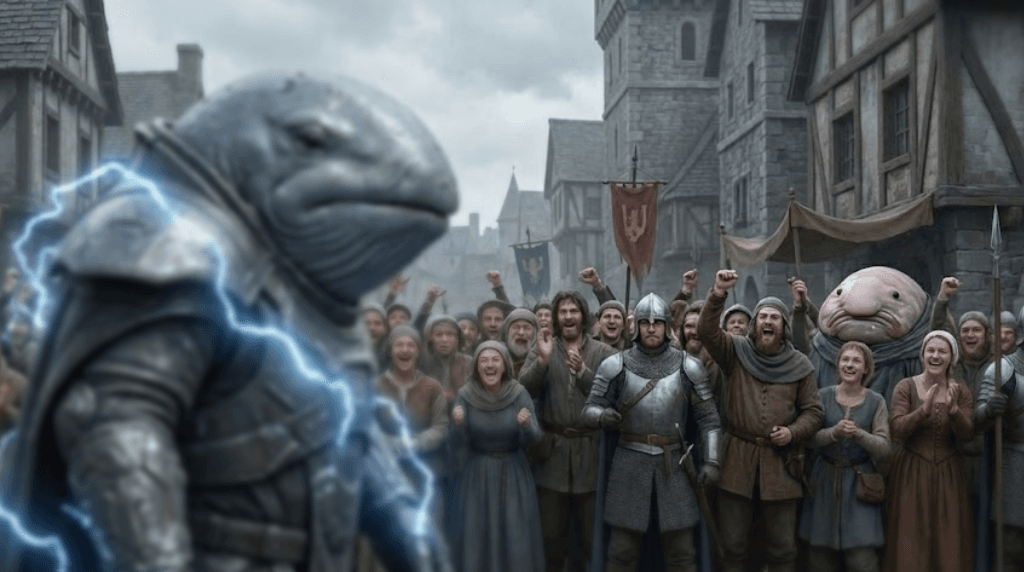 A gathering of villagers watching the White Whale pass through their town